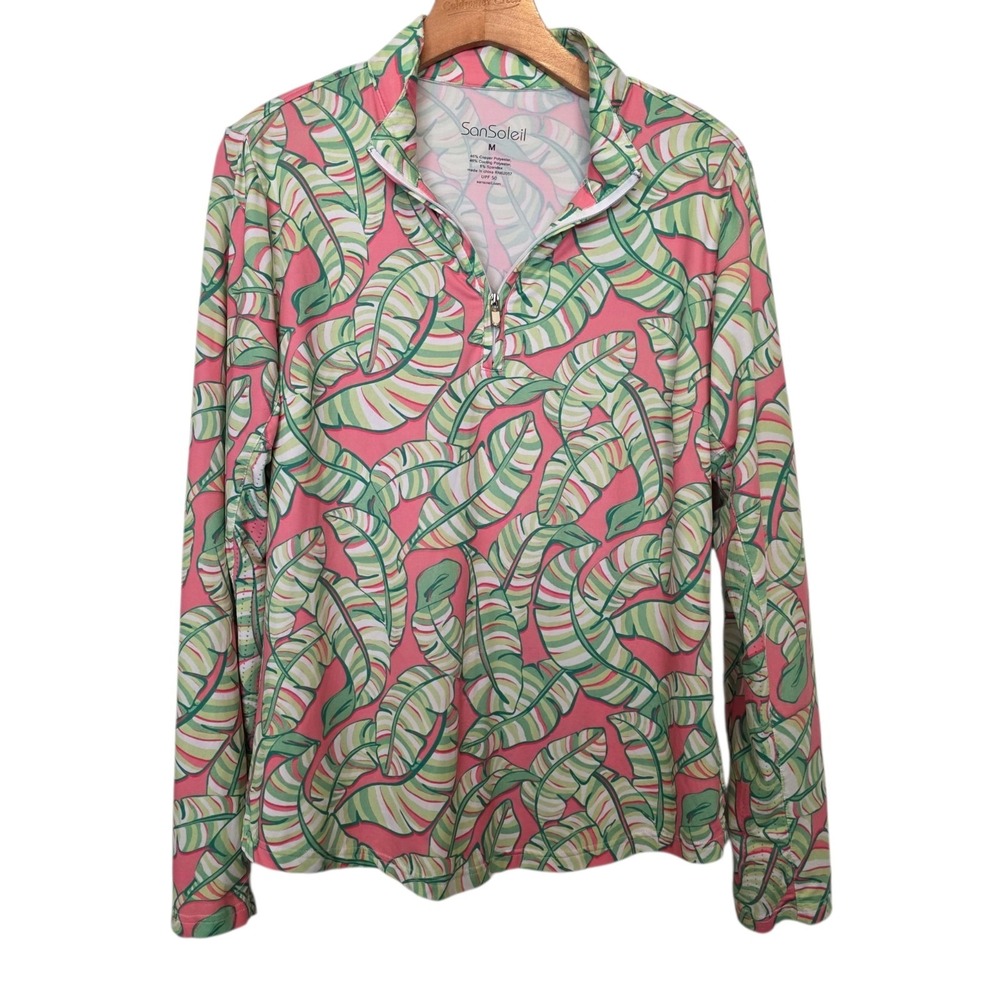 San Soleil Sun Shirt Pink & Green Palm Leaves Design Sz M Vented